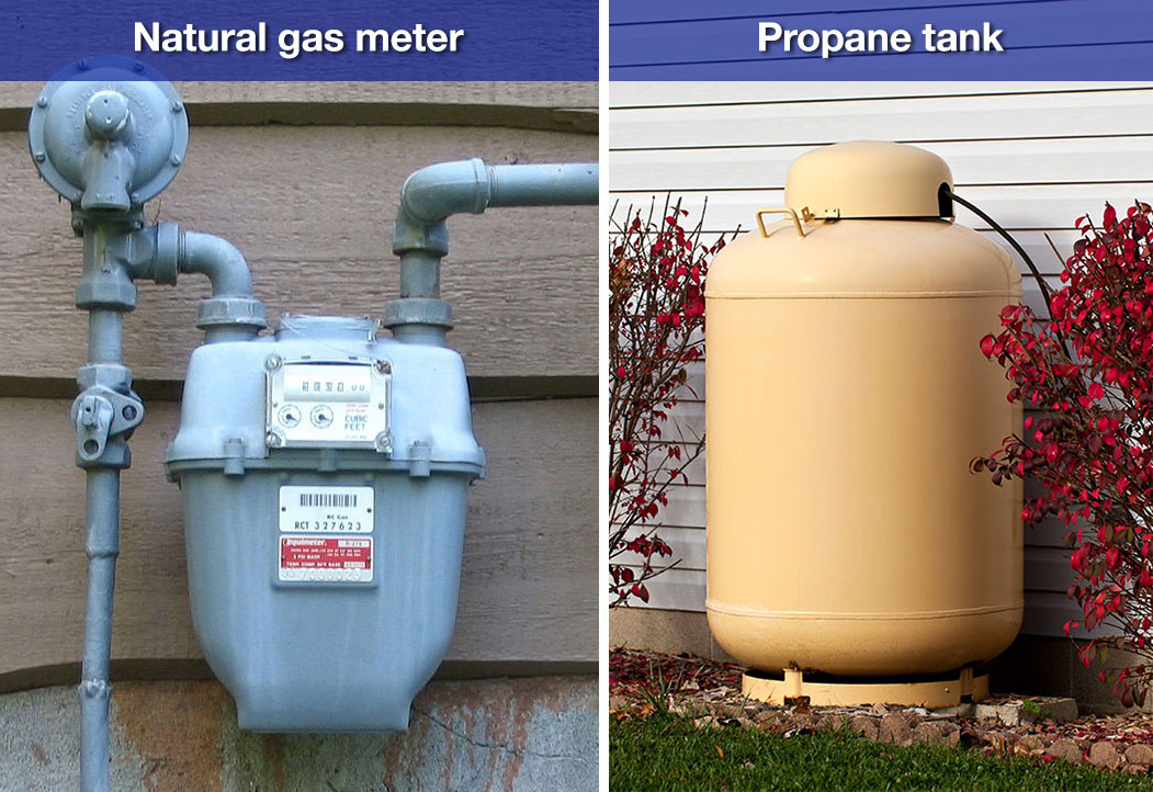 Natural gas meter (left) vs. propane tank (right)