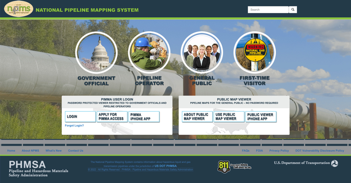 National Pipeline Mapping System homepage